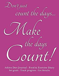 Atkins Diet Journal & Food Diary, Set Goals – Track Progress – Get Results: Make the Days Count Diet journal and food diary, pink cover, 220 pages, track progress daily for 3 months.