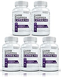 CARB STOPPER EXTREME (5 Bottles) – High Performance Carbohydrate & Starch Blocker Formula/Diet, Fat Loss, Slimming Supplement with White Kidney Bean Extract. Lose Weight WITHOUT Dieting