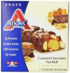 Atkins Snack Bar, Caramel Chocolate Nut Roll, 5 Bars