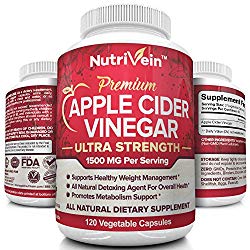 Nutrivein Apple Cider Vinegar Capsules 1500mg – 120 Soft Vegan Pills – Healthy Weight Loss, Detox, Digestion, Cleanser – Supports Blood Sugar & Immune System – ACV Appetite Suppressant Supplement