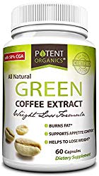 Potent Organics 100% Pure Green Coffee Bean Extract: Standardized to 50% Chlorogenic Acid – Green Coffee Beans – 800mg, 60 Capsules (1 per Serving) – Organic Green Bean Coffee Extract