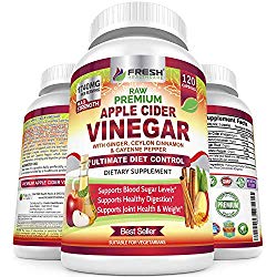 Organic Apple Cider Vinegar Pills by Fresh Healthcare, 1740mg with Mother, 100% Natural Ceylon Cinnamon, Ginger, and Cayenne Pepper for Healthy Detox and Digestion, 120 Vegan Capsules, Bonus E-Book