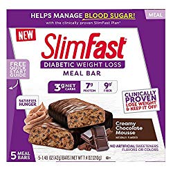 SlimFast Diabetic Weight Loss Meal Replacement Bar, Creamy Chocolate Mousse, 5 Count